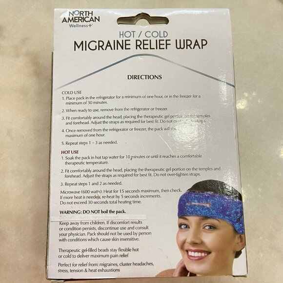 North American Wellness+ Hot/Cold Migraine Relief Wrap Adjustable Strap Gel Bead - Picture 2 of 3